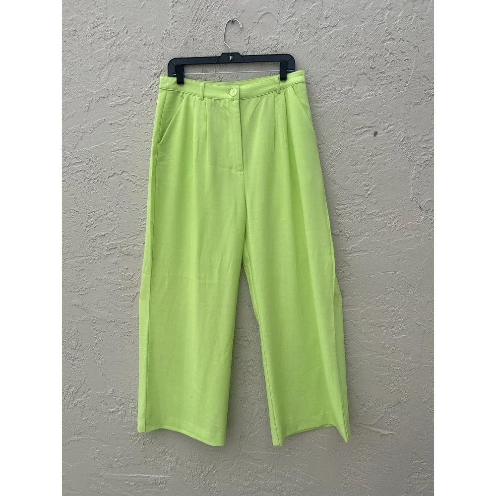 WeWoreWhat Lime Green Wide Leg Pleated Trousers High Waist Neon Pants Size 12